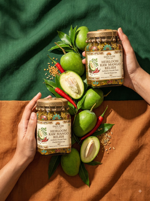 Dadi Ji Pickles Heirloom Raw Mango Relish Artisan Studio Photoshoot Prompt - Angle 2