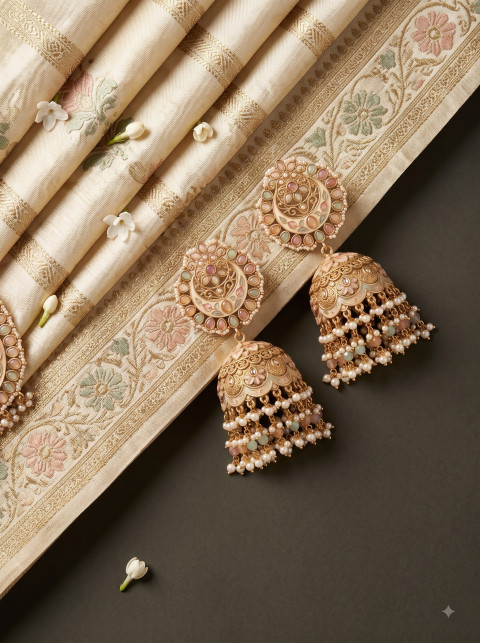 Flat Lay Gold Jhumka Earrings Zari Saree Product Photography Prompt