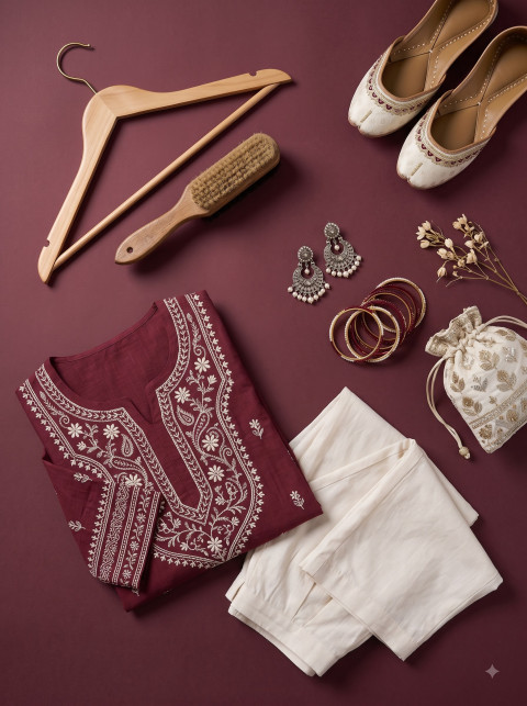 AI Chikankari Kurta Set Photography Prompts | Maroon & Cream Ethnic Wear - Primary Shot