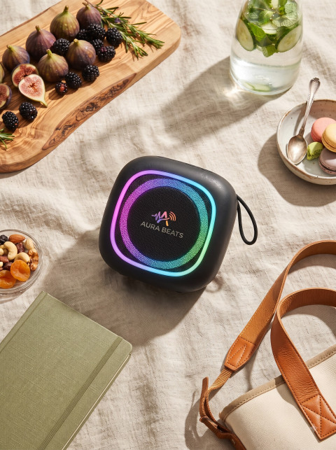 Flat Lay Lifestyle Product Photography Prompt Aesthetic Outdoor Picnic with Wireless Speaker
