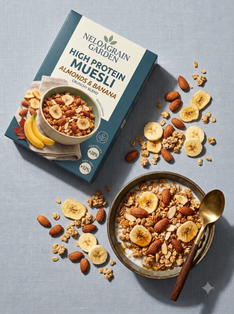 Flat Lay Muesli Box with Bowl and Ingredients