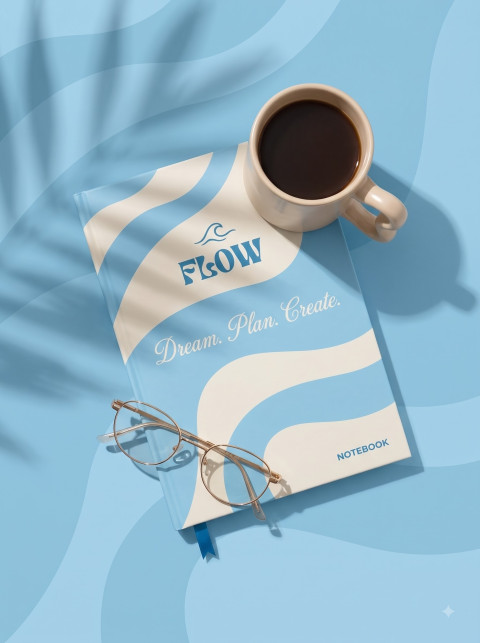Blue Wave Hardcover Notebook Ecommerce Photoshoot Prompts - Primary Shot