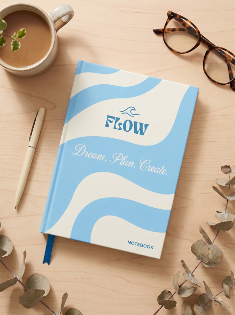 Blue Wave Hardcover Notebook Ecommerce Photoshoot Prompts - Angle 3
