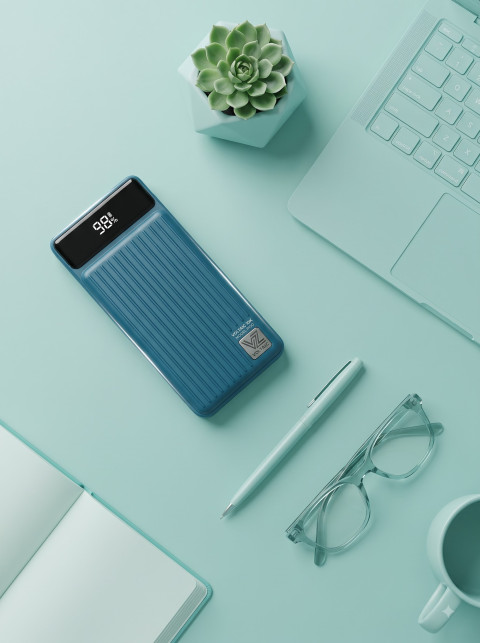 Flat Lay Product Photography Prompt Teal Workspace Tech Accessories and Power Bank