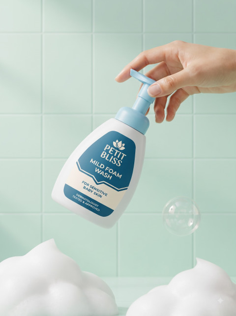 Floating Baby Foam Cleanser AI Product Photography Prompt Levitating Bath Bubbles