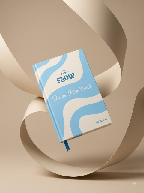 Floating Conceptual Product Photography Prompt Hardcover Notebook Suspended Inside Looping Paper Ribbon
