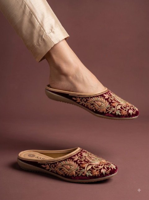 Floating Embroidered Velvet Mule On Female Model Studio Product Photography Prompt