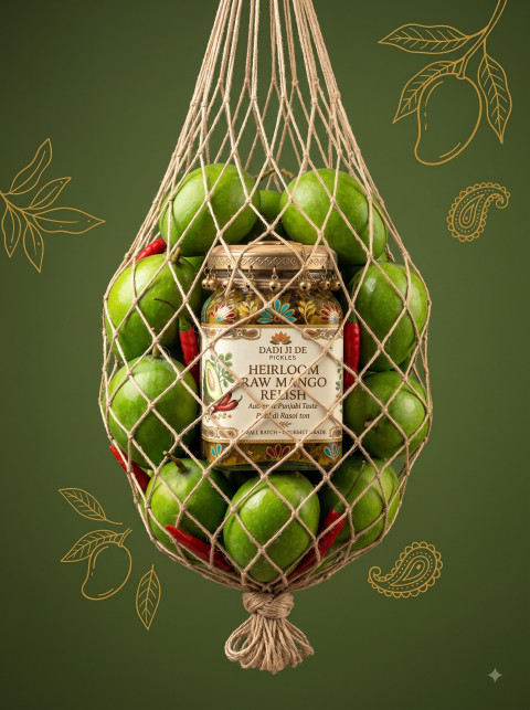 Floating Macrame Net Bag Food Product Photography Prompt Raw Mango Pickle Jar