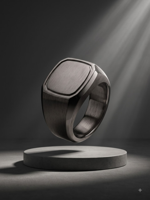 Floating Matte Signet Ring Over Concrete Pedestal Studio Product Photography Prompt
