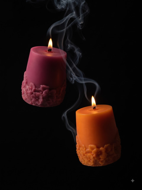 AI Pillar Candle Duo Photography Prompts: Floral Embossed Wax Styles - Primary Shot