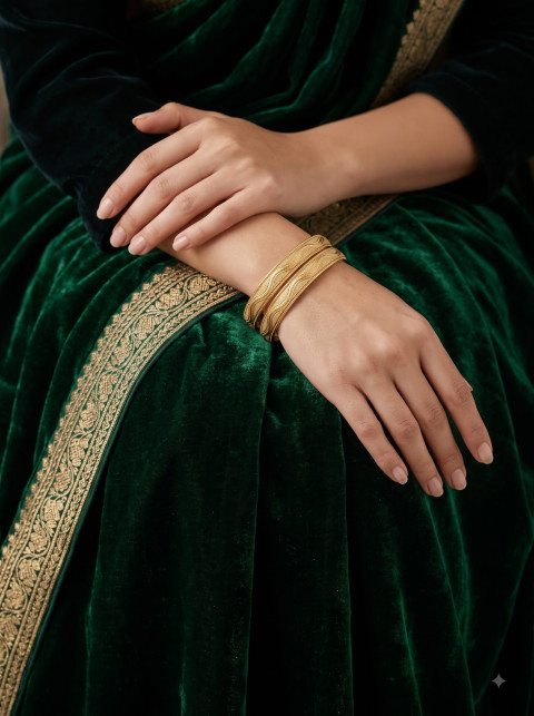 Folded Hands Green Velvet Lap Gold Bangles Commercial Product Photography Prompt