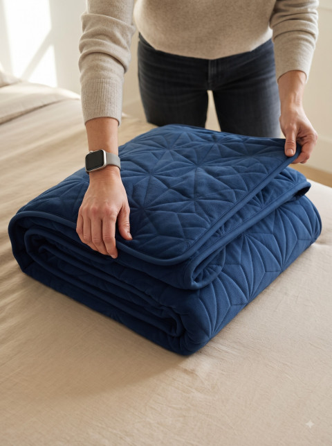 Folding Weighted Blanket Detail Product Photography Prompt Tactile Bedding Demonstration