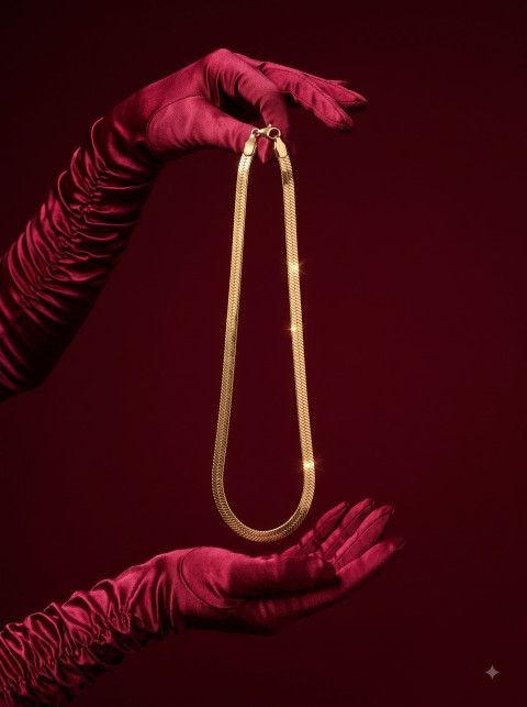 Formal Gold Chain Fine Jewelry Commercial Photography Prompt Crimson Satin Gloves