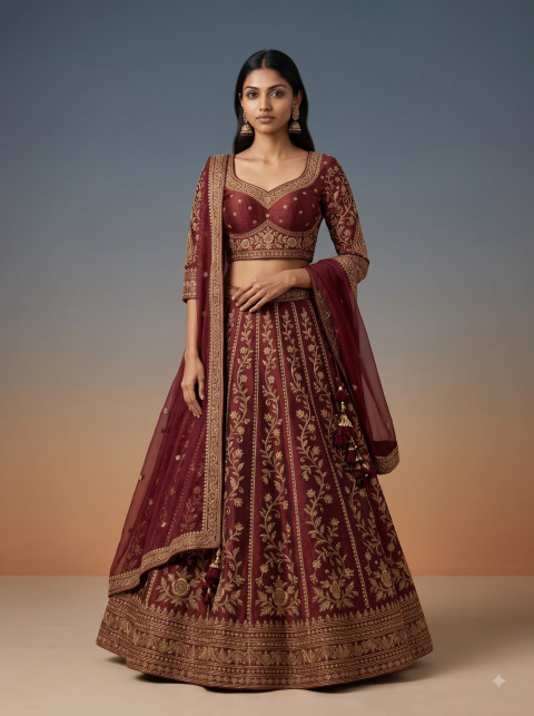 Bridal Embroidered Raw Silk Blouse & Lehenga AI Fashion Photography Prompts - Primary Shot