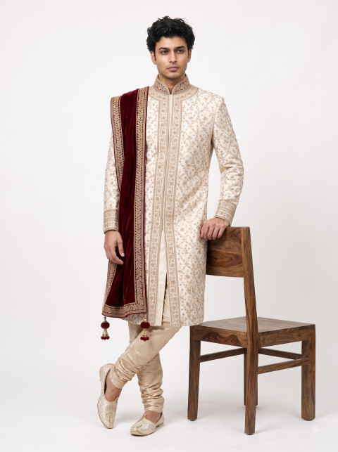 Full-Length Standing Groom Posed Beside Wooden Chair AI Product Photography Prompt
