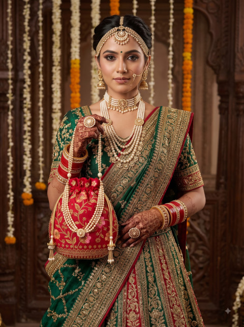 Full Portrait Indian Bride with Red Potli Bag AI Hero Commercial Product Photography Prompt