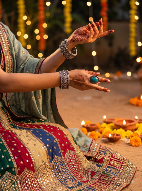 Garba Dance Mudra Silver Bangles AI Lifestyle Photography Prompt Low-Angle Night Shot