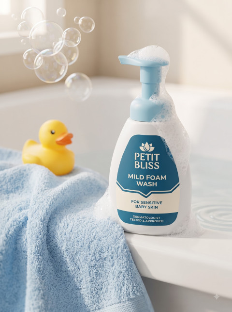 Gentle Baby Wash AI Product Photography Prompt Bathtub Edge With Bubbles