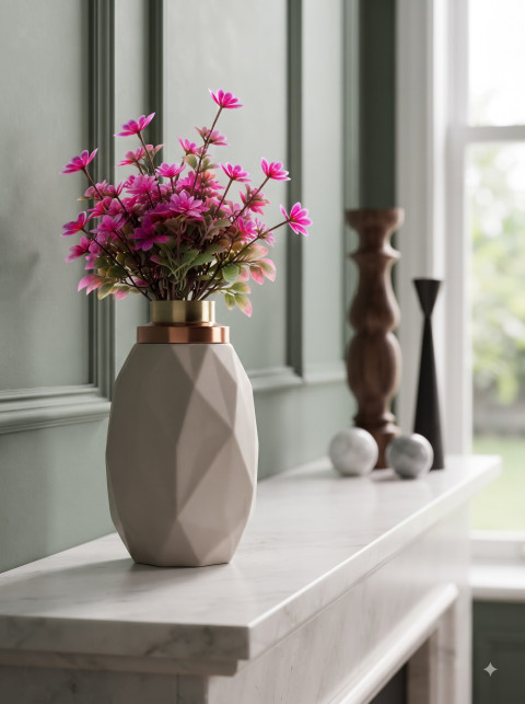 Minimalist Ceramic Vase with Pink Flowers Studio Photography Prompts - Primary Shot