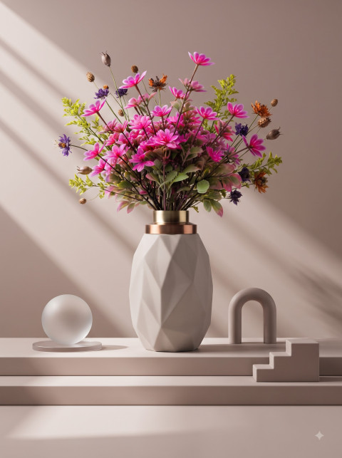 Geometric Vase with Wildflowers on Display Podium Commercial Product Photography Prompt