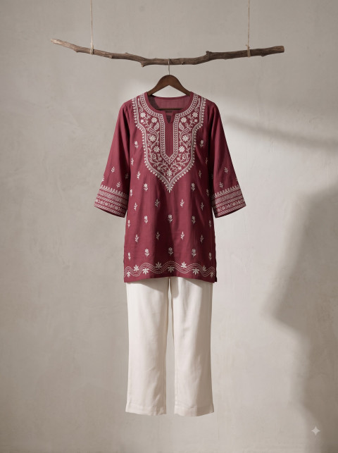 AI Chikankari Kurta Set Photography Prompts | Maroon & Cream Ethnic Wear - Angle 2