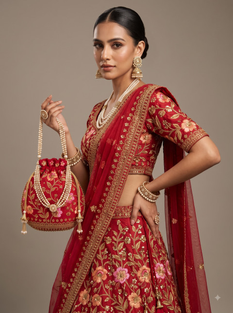 Glamorous Woman in Red Lehenga Holding Potli Bag AI Studio Fashion Product Photography Prompt