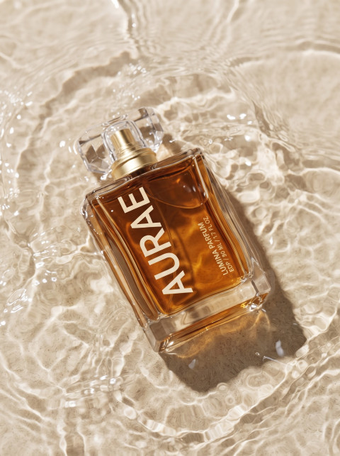 Glass Perfume Bottle in Water Ripples