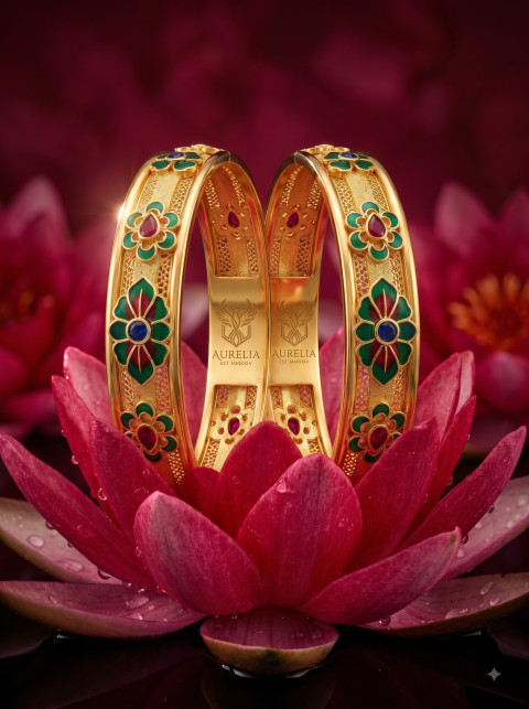 Gold Enamel Bangles on Blooming Pink Lotus in Water