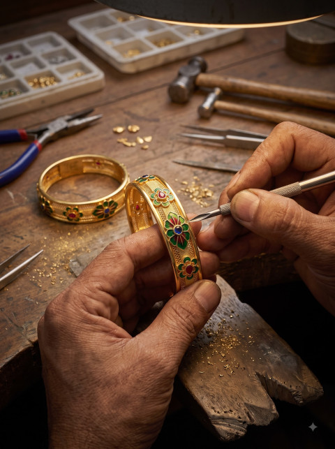 Gold Enamel Bangles on Jeweler Wooden Workbench