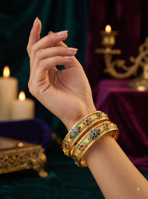 Gold Enamel Bangles on Posed Hand with Candlelight