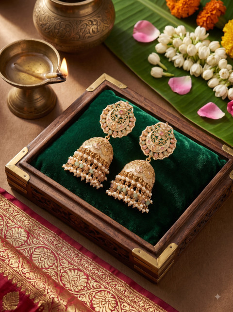 Gold Jhumka Earrings Still Life Jewelry Product Photography Prompt