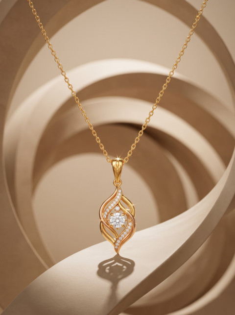 Gold Pendant Jewelry Product Photography Prompt Beige Abstract Swirls Background 