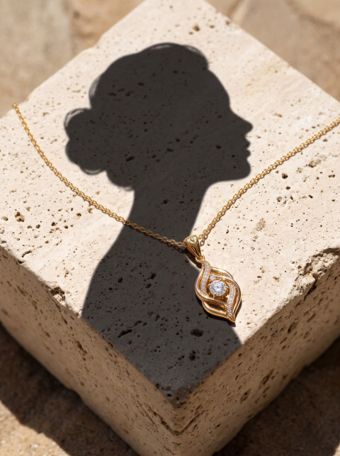 Gold Pendant on Stone with Silhouette Shadow Jewelry Photography Prompt 