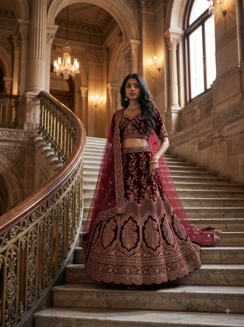 AI Maroon Velvet Bridal Lehenga Photography Prompts - Angle 2