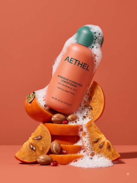 Hair Conditioner Bottle on Fruit and Seed Pedestal
