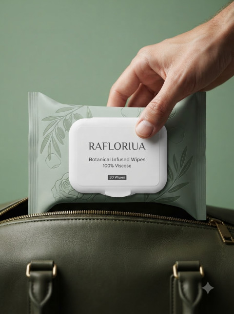 Hand Packing Makeup Wipes into Leather Travel Bag