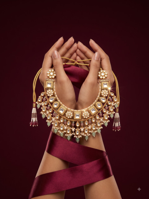 Handheld Kundan Choker AI Commercial Jewelry Product Photography Prompt Wine Backdrop