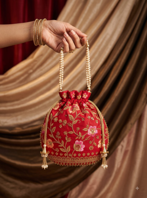 Handheld Pearl Handle Embroidered Red Potli AI Editorial Fashion Product Photography Prompt