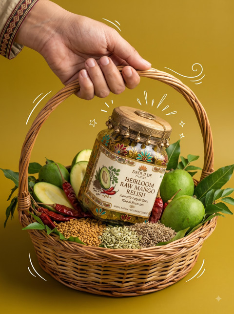Handheld Wicker Basket Mango pickle Lifestyle Product Photography Prompt