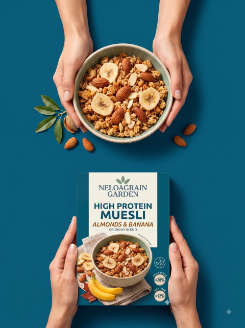 Hands Holding Bowl and Muesli Box Split Shot
