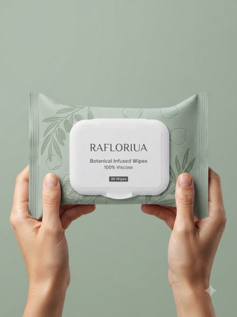Hands Holding Makeup Wipes Packshot on Green Studio Background