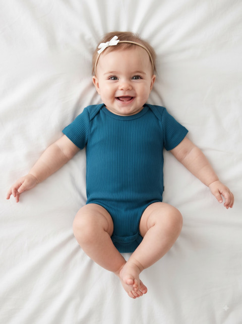 Happy Baby Girl in Teal Romper AI Lifestyle Product Photography Prompt