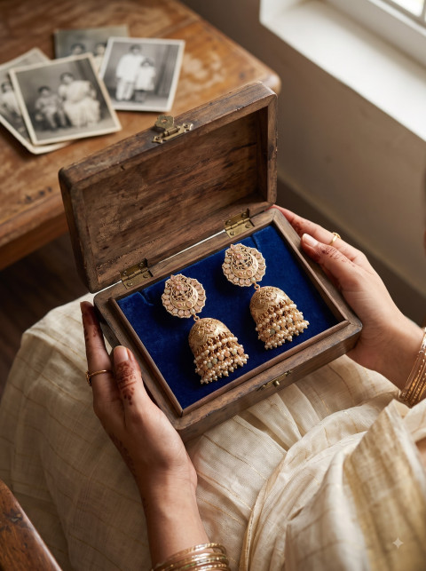 Heirloom Jhumka Earrings in Hands Editorial Jewelry Photography Prompt