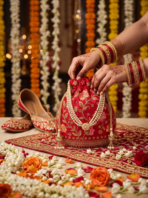 Henna Hands Opening Red Bridal Potli AI Lifestyle Product Photography Prompt