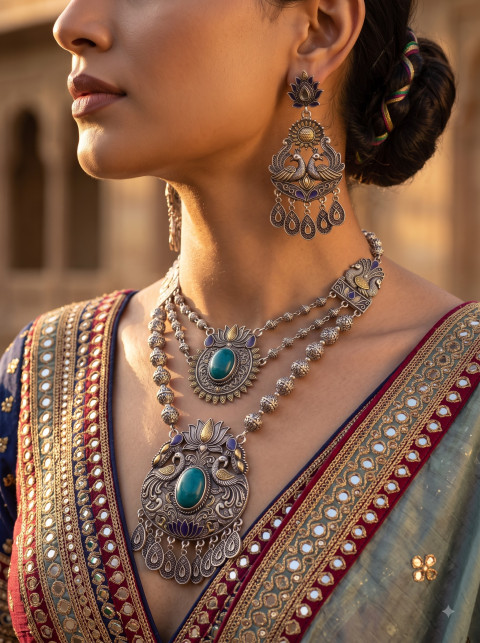 Heritage Oxidised Silver Necklace Set AI Product Photography Prompt Sunlit Close-Up