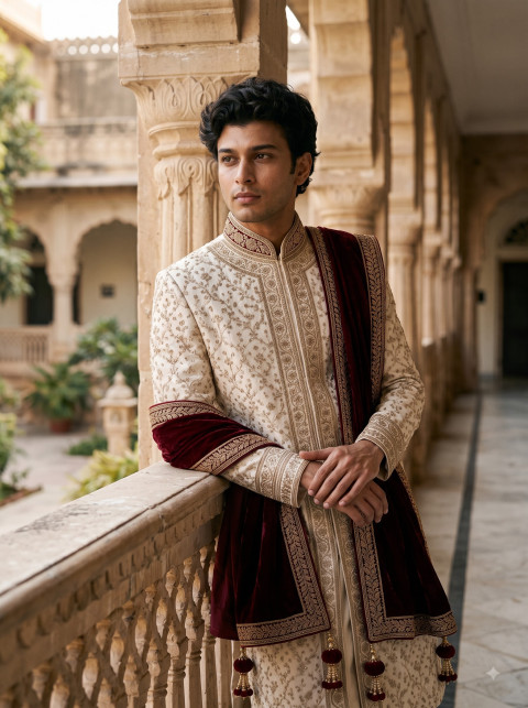 Mens Embroidered Raw Silk Groom Sherwani AI Fashion Photography Prompts - Angle 2