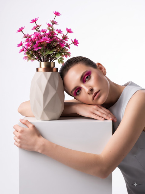Minimalist Ceramic Vase with Pink Flowers Studio Photography Prompts - Primary Shot