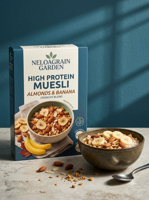 High Protein Muesli Box and Bowl Scene