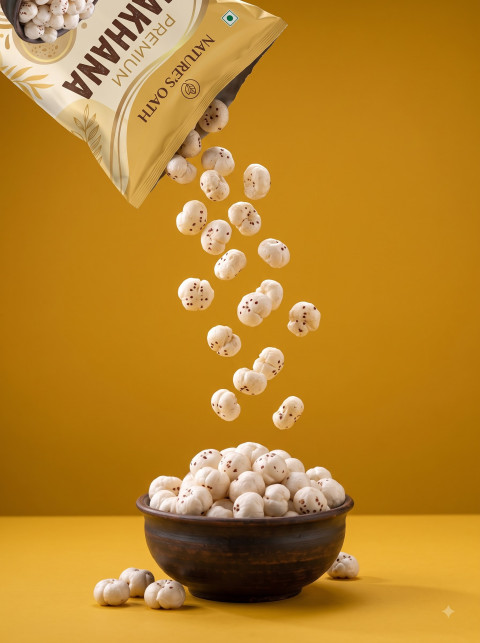 High Speed Motion Food Product Photography Prompt Cascading Makhana into Terracotta Bowl