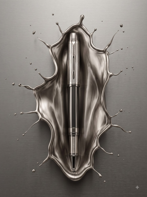 Luxury Metallic Rollerball Pen Studio & Splash Photoshoot Prompts - Primary Shot